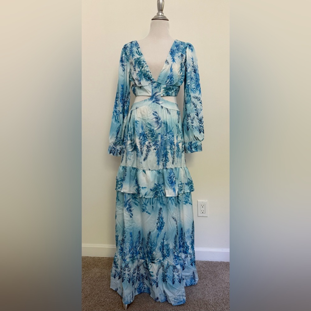 Elegant Blue Floral Maxi Cut Out Dress Size L